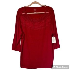 NWT St. John’s Bay Red Bohemian Soft Long Sleeve Embroidered Collar Shirt